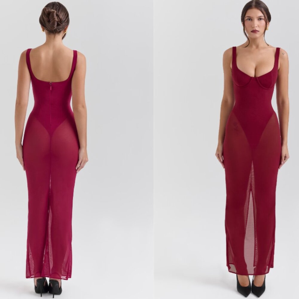 HOUSE OF CB Robina Sheer Mesh Overlay Maxi Cocktail Dress